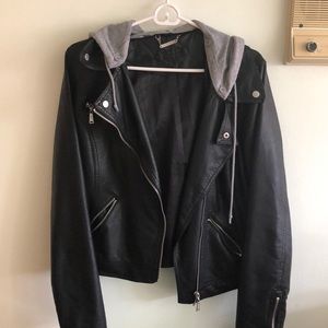 Faux Leather Jacket with Detachable Hood